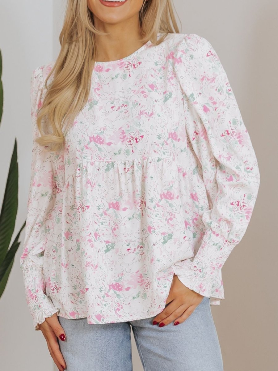 Stylish Printed Round Neck Long Sleeve Blouse for Women - Love Salve
